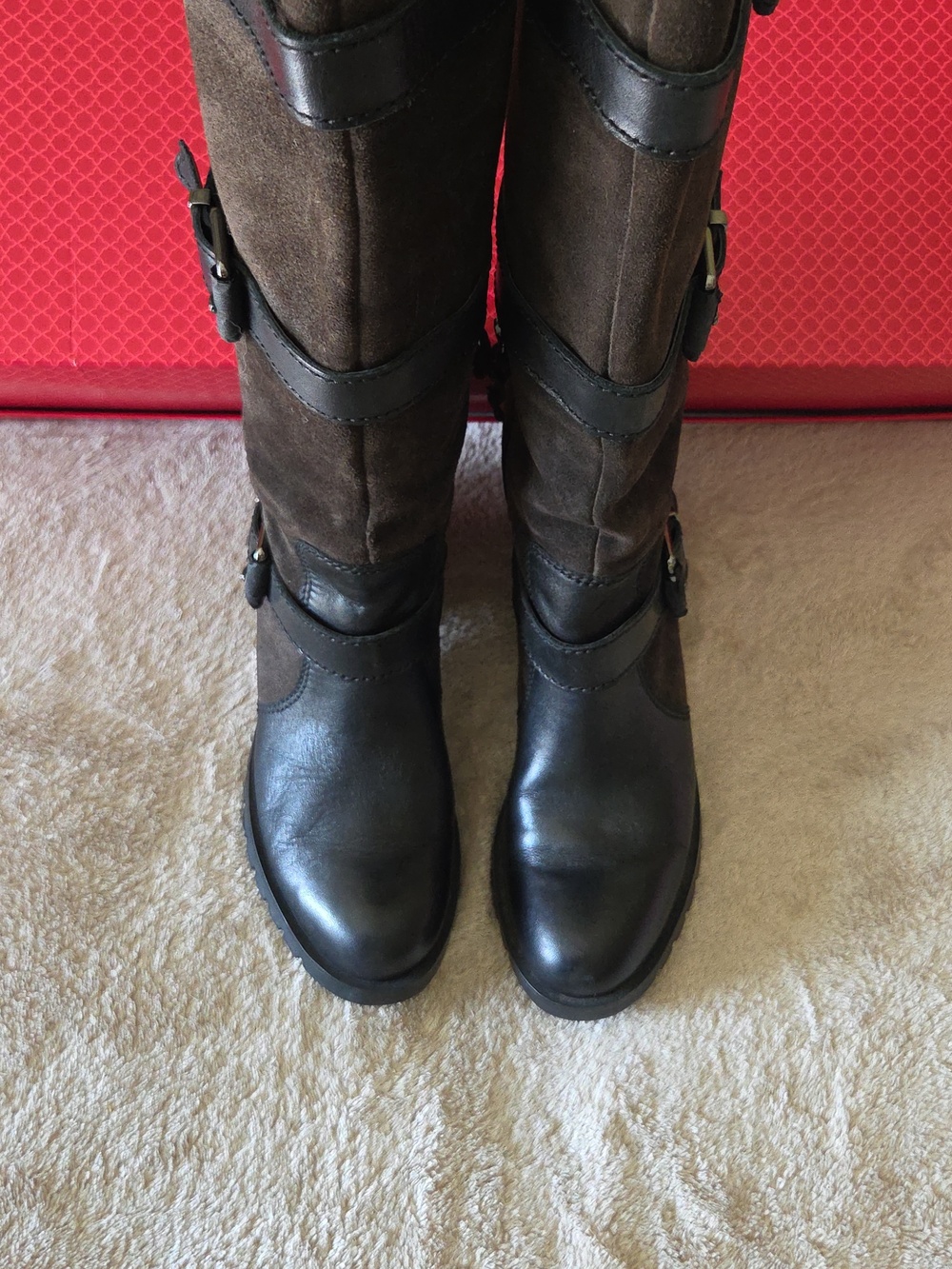 Karl Lagerfeld Over-the-Knee Leather Moto Boots in Dark Brown and Black - Picture 2 of 5